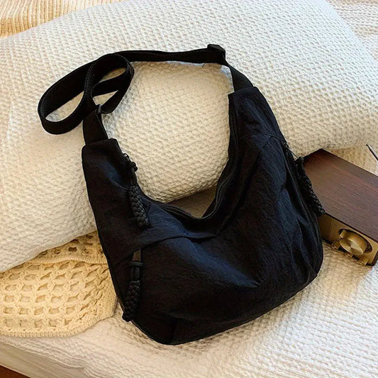 Lightweight Nylon Crossbody Bag for Women - Large Capacity Zipper Closure Tote, Beige & Black Urban Chic Shoulder Bag for Commuting, Travel, Casual Outings, Commuting Tote Bag | Urban Chic Bag | Smooth Texture Tote, Travel Bag